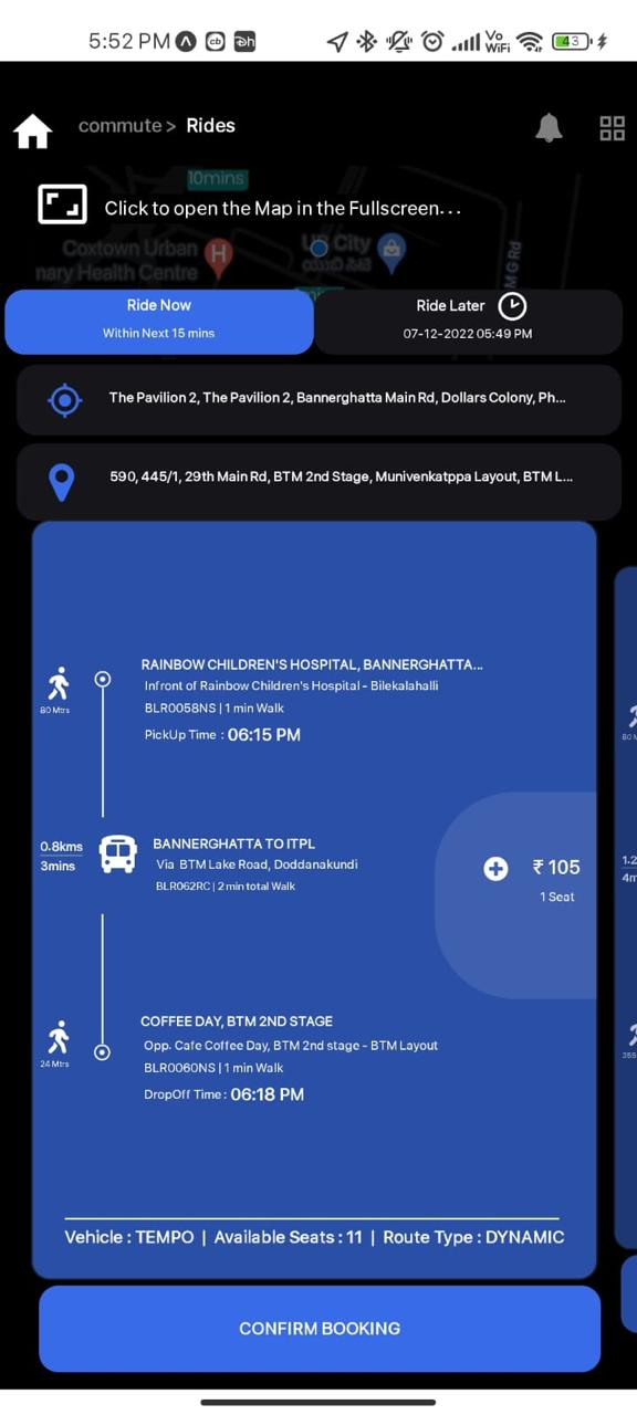 Citius trip confirmation screen with pickup, drop-off and seat information