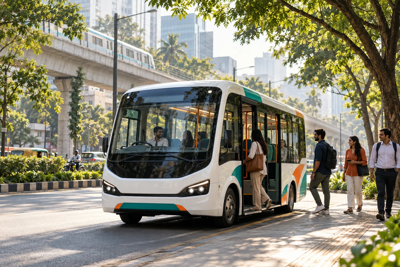 Illustration of a shuttle travelling along a leafy city street